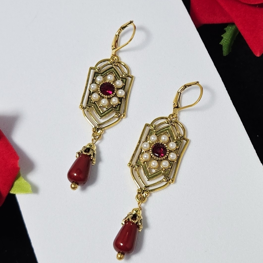 Victorian Garnet Red Pearl Drop Earrings | Gatsby Art Nouveau Gold Glamour Chic
